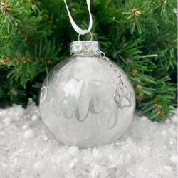 White Feather Filled Glass Pet Memorial Bauble including Paw Charm. Personalised option available.