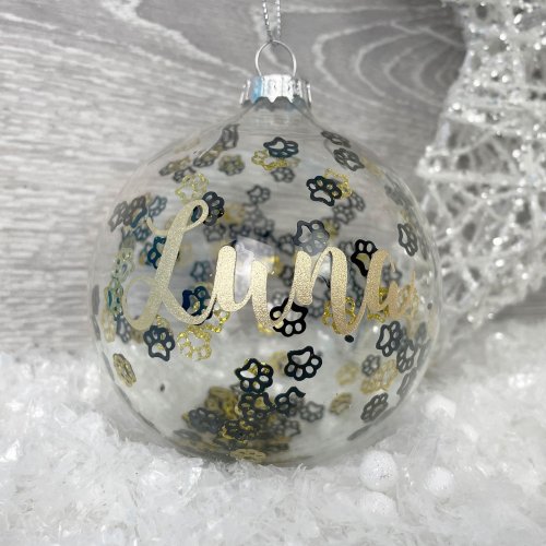 White Feather Filled Glass Pet Memorial Bauble With Paw Charm with personalised option available